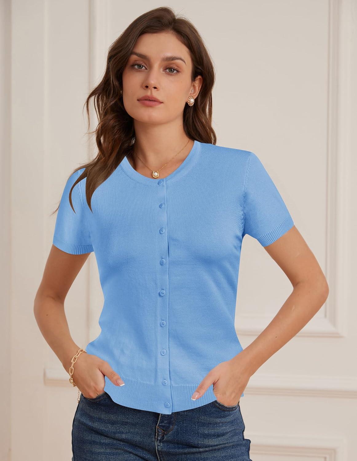imageGRACE KARIN Womens Short Sleeve Cardigan Crewneck Basic Summer Button Down Knit Soft SweaterLight Blue