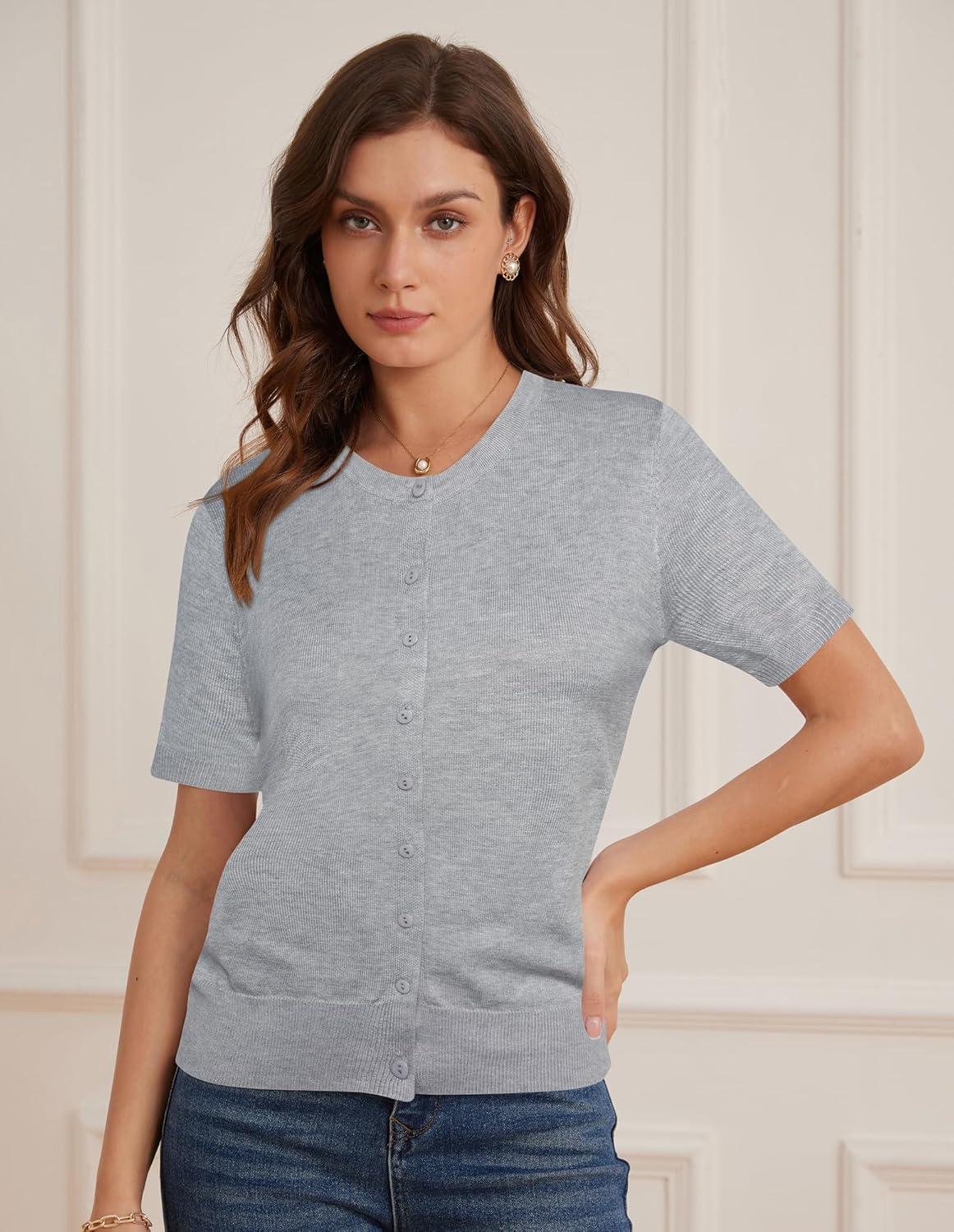 imageGRACE KARIN Womens Short Sleeve Cardigan Crewneck Basic Summer Button Down Knit Soft SweaterLight Gray