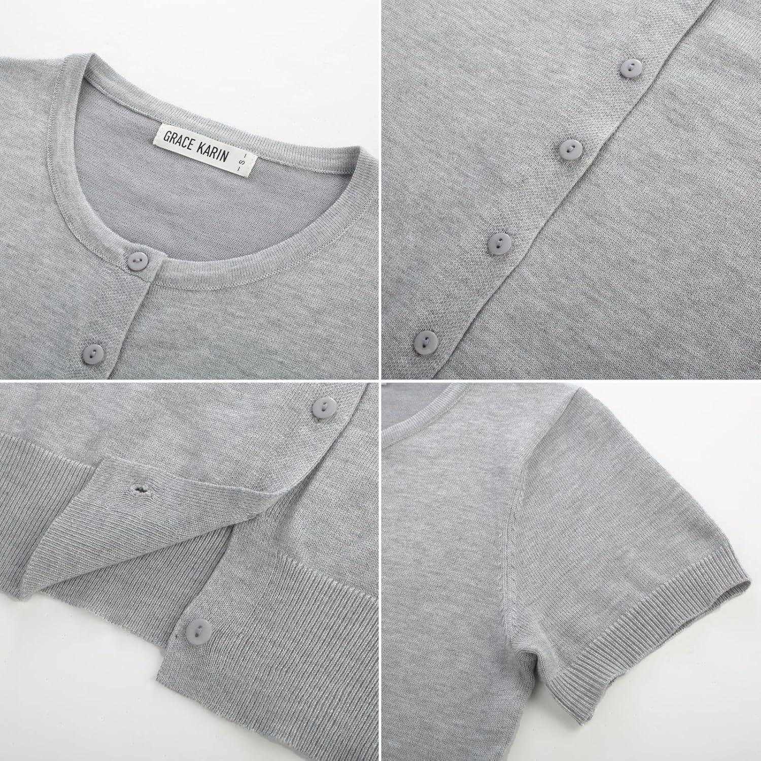 imageGRACE KARIN Womens Short Sleeve Cardigan Crewneck Basic Summer Button Down Knit Soft SweaterLight Gray