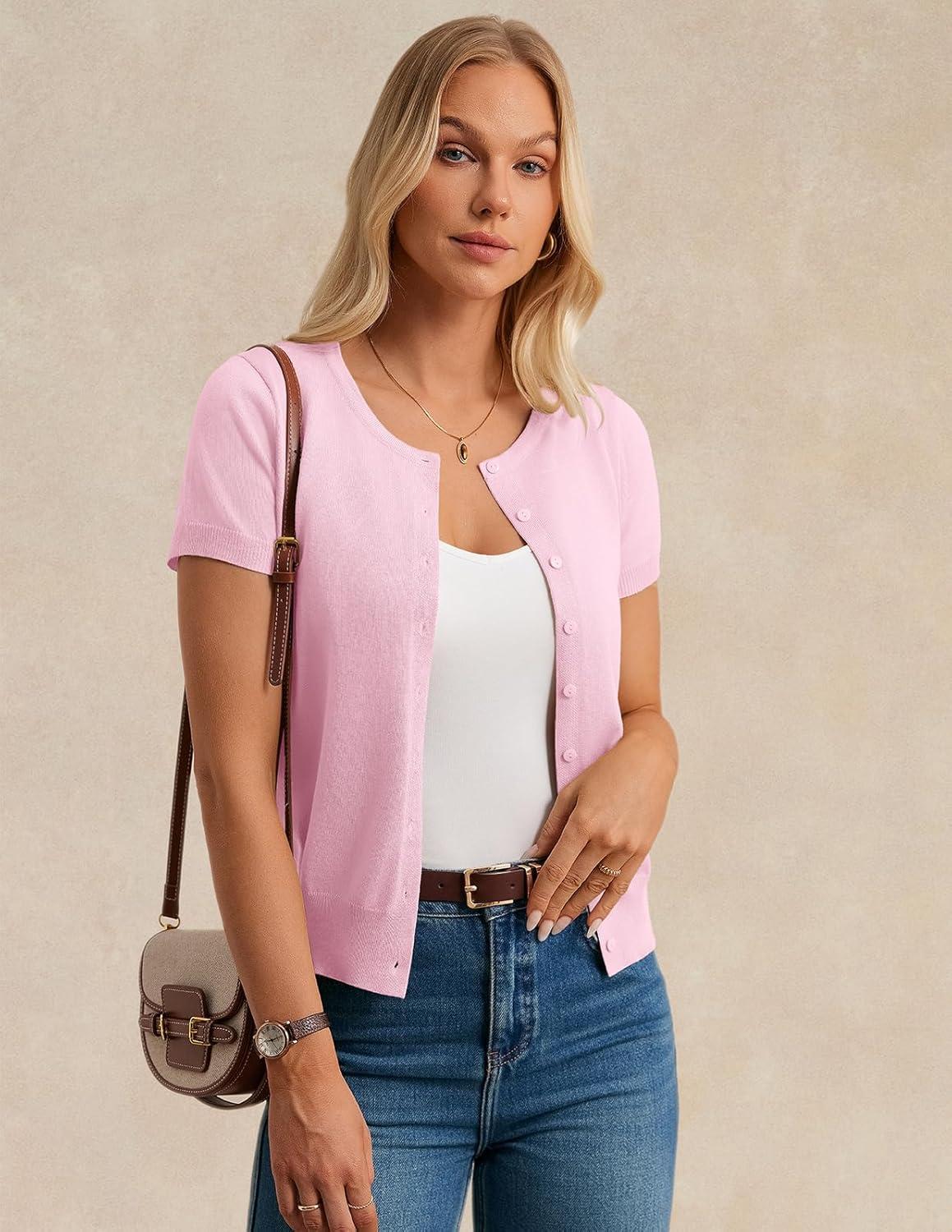 imageGRACE KARIN Womens Short Sleeve Cardigan Crewneck Basic Summer Button Down Knit Soft SweaterLight Pink