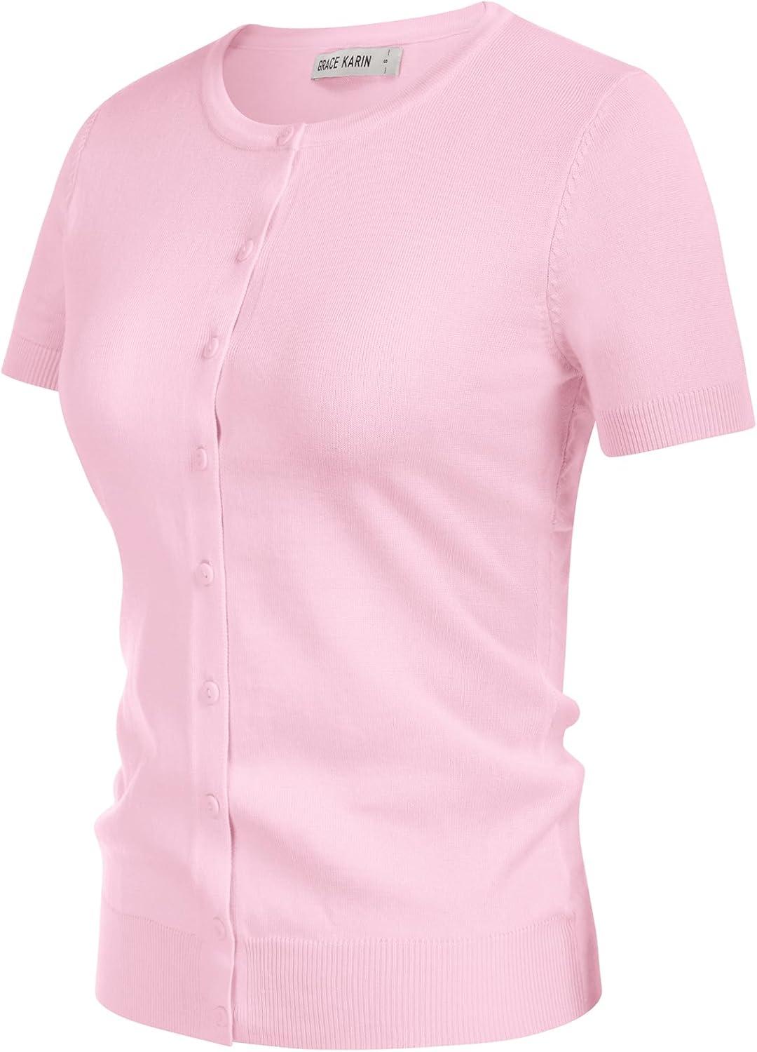 imageGRACE KARIN Womens Short Sleeve Cardigan Crewneck Basic Summer Button Down Knit Soft SweaterLight Pink