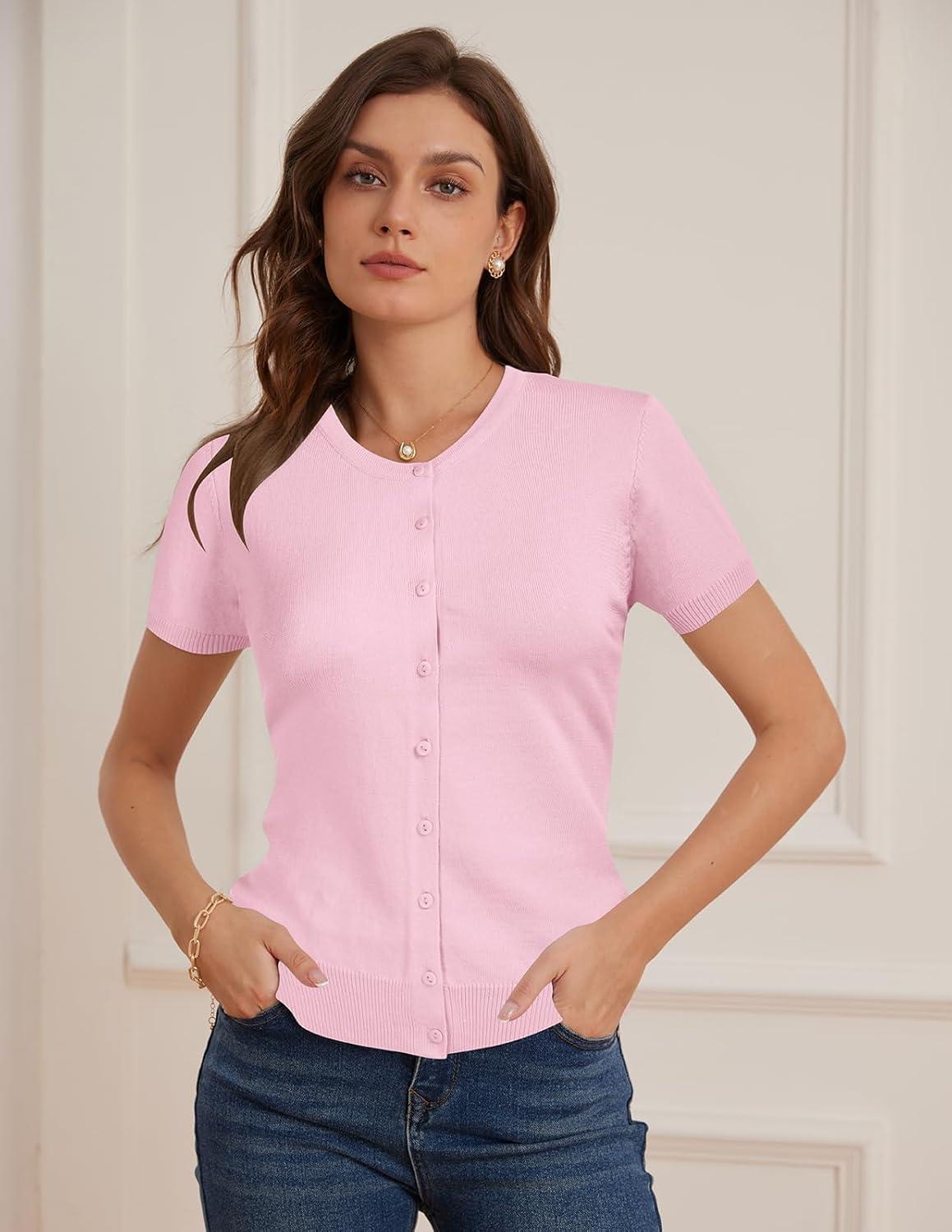 imageGRACE KARIN Womens Short Sleeve Cardigan Crewneck Basic Summer Button Down Knit Soft SweaterLight Pink