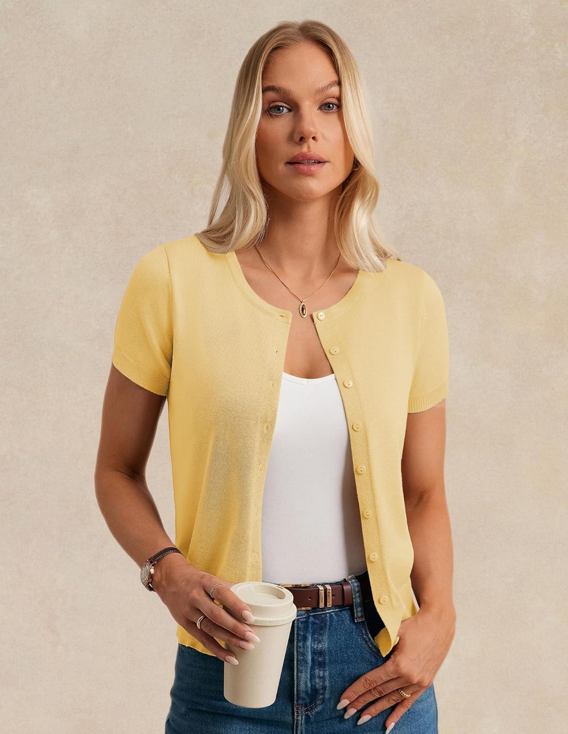 imageGRACE KARIN Womens Short Sleeve Cardigan Crewneck Basic Summer Button Down Knit Soft SweaterLight Yellow