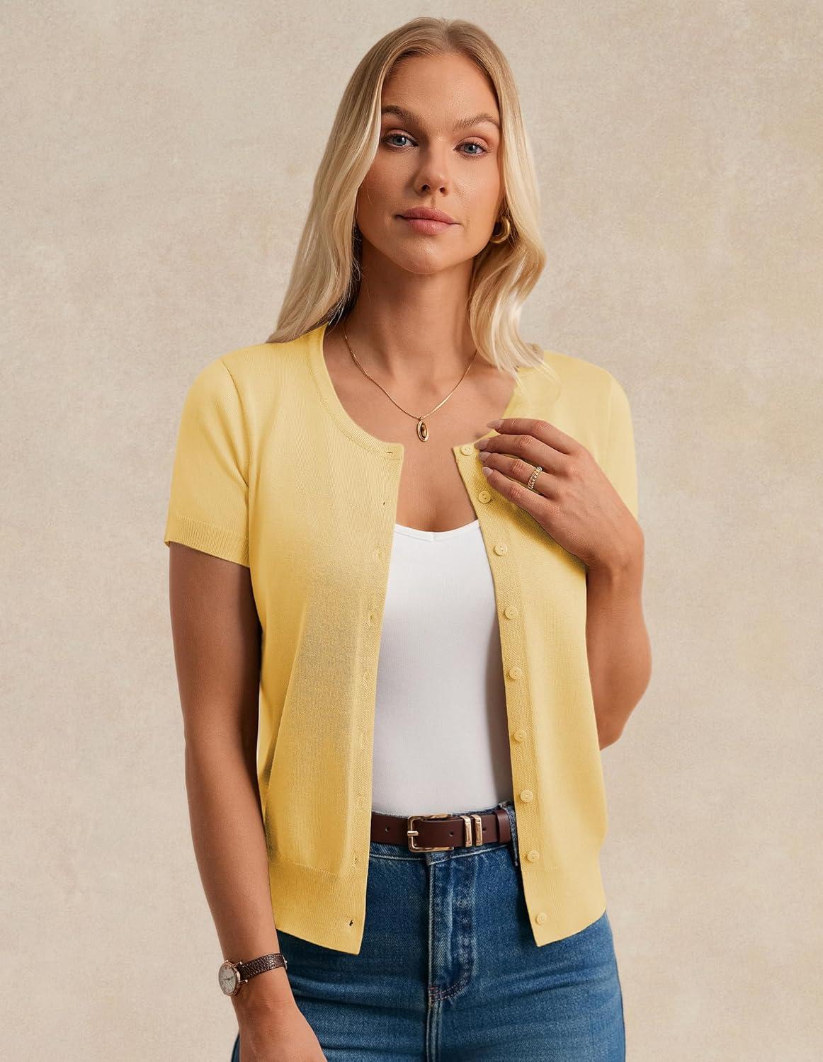 imageGRACE KARIN Womens Short Sleeve Cardigan Crewneck Basic Summer Button Down Knit Soft SweaterLight Yellow