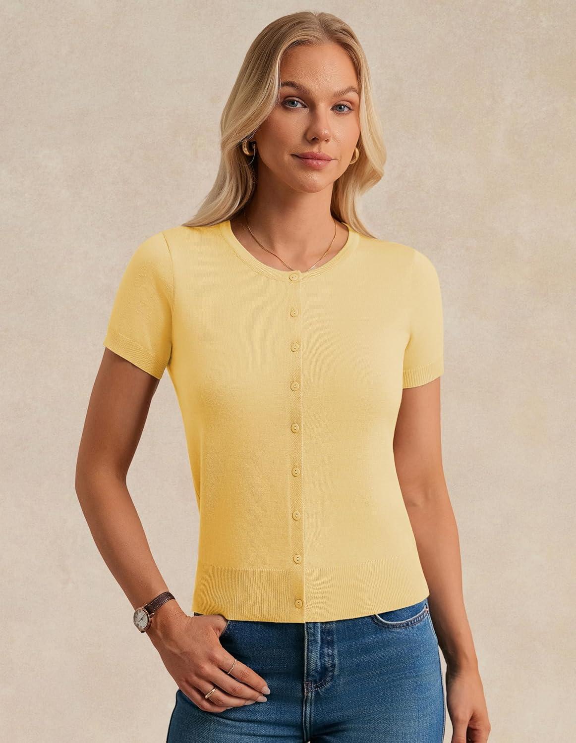 imageGRACE KARIN Womens Short Sleeve Cardigan Crewneck Basic Summer Button Down Knit Soft SweaterLight Yellow