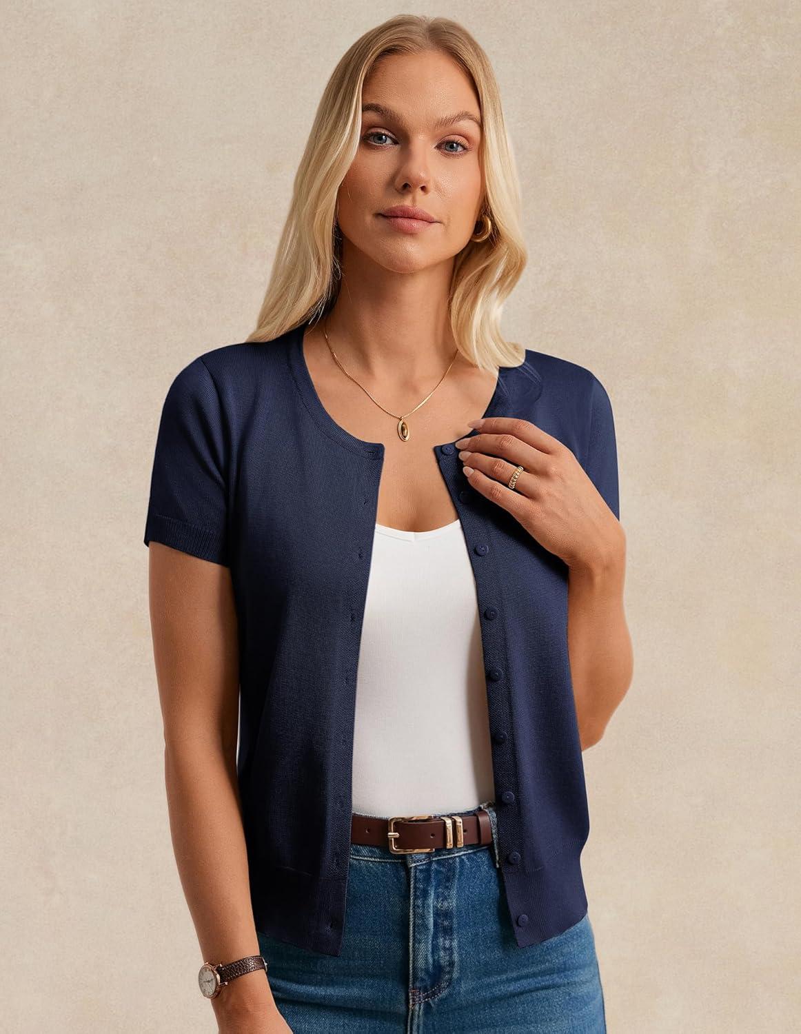 imageGRACE KARIN Womens Short Sleeve Cardigan Crewneck Basic Summer Button Down Knit Soft SweaterNavy