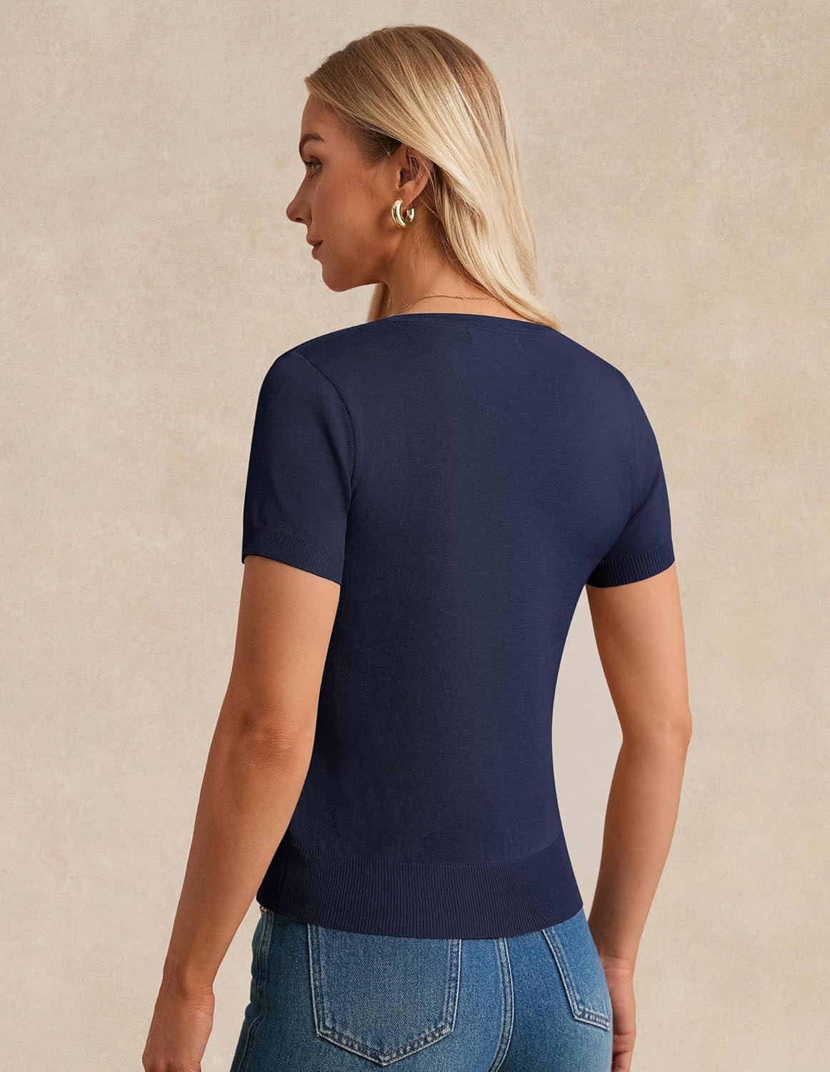 imageGRACE KARIN Womens Short Sleeve Cardigan Crewneck Basic Summer Button Down Knit Soft SweaterNavy
