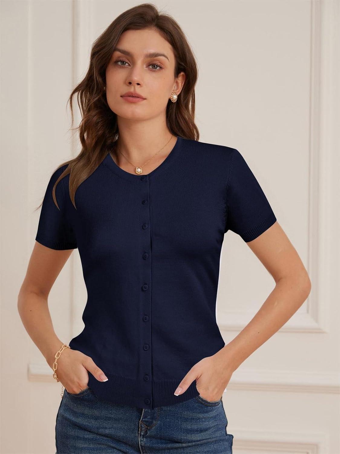 imageGRACE KARIN Womens Short Sleeve Cardigan Crewneck Basic Summer Button Down Knit Soft SweaterNavy