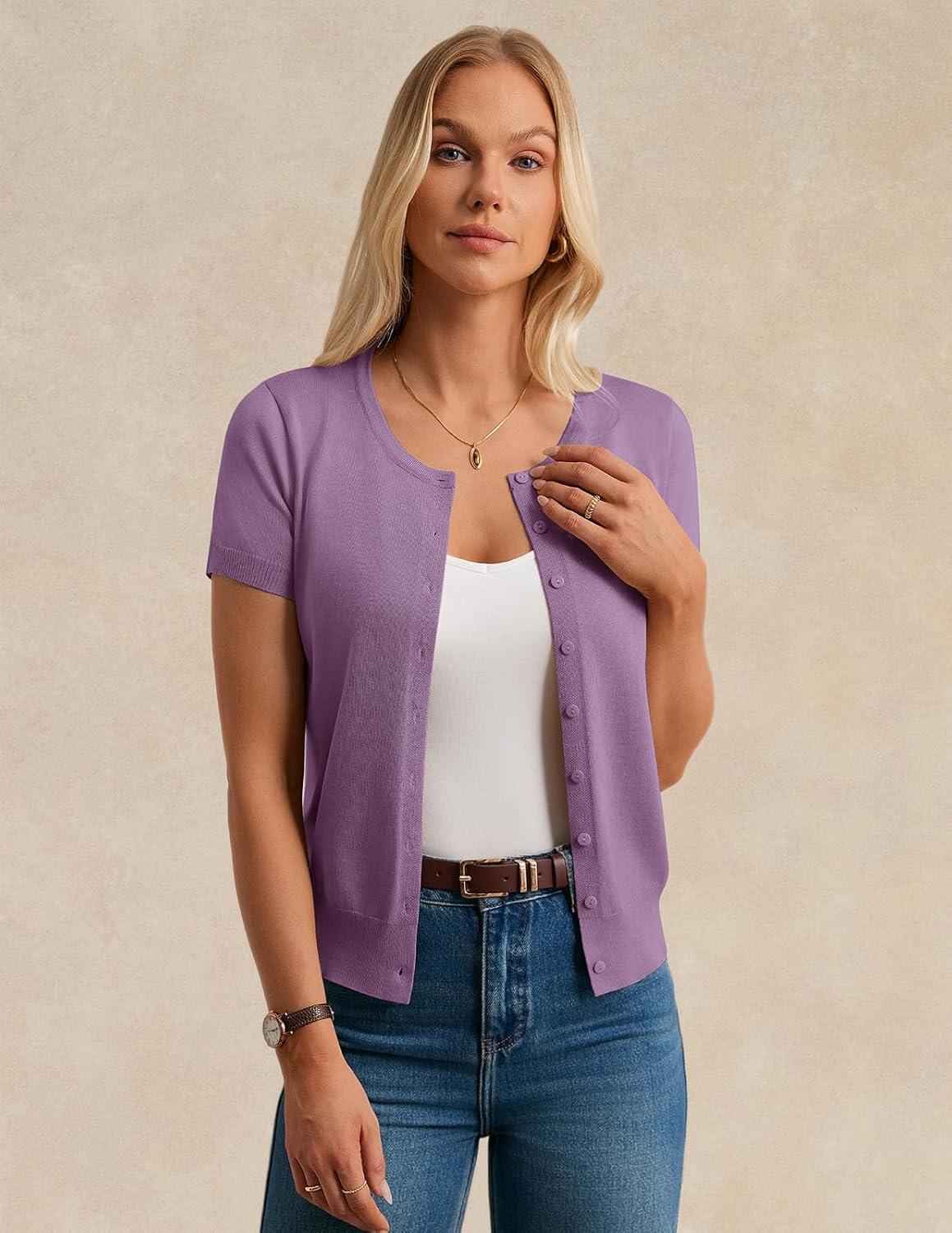 imageGRACE KARIN Womens Short Sleeve Cardigan Crewneck Basic Summer Button Down Knit Soft SweaterPurple
