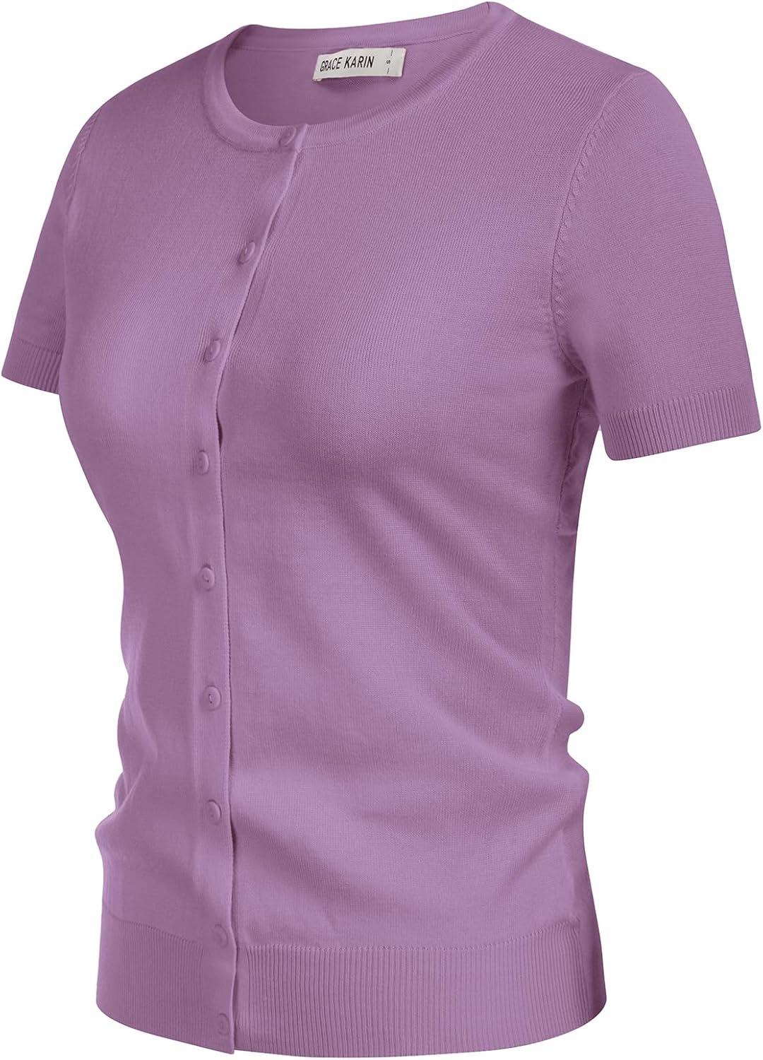 imageGRACE KARIN Womens Short Sleeve Cardigan Crewneck Basic Summer Button Down Knit Soft SweaterPurple