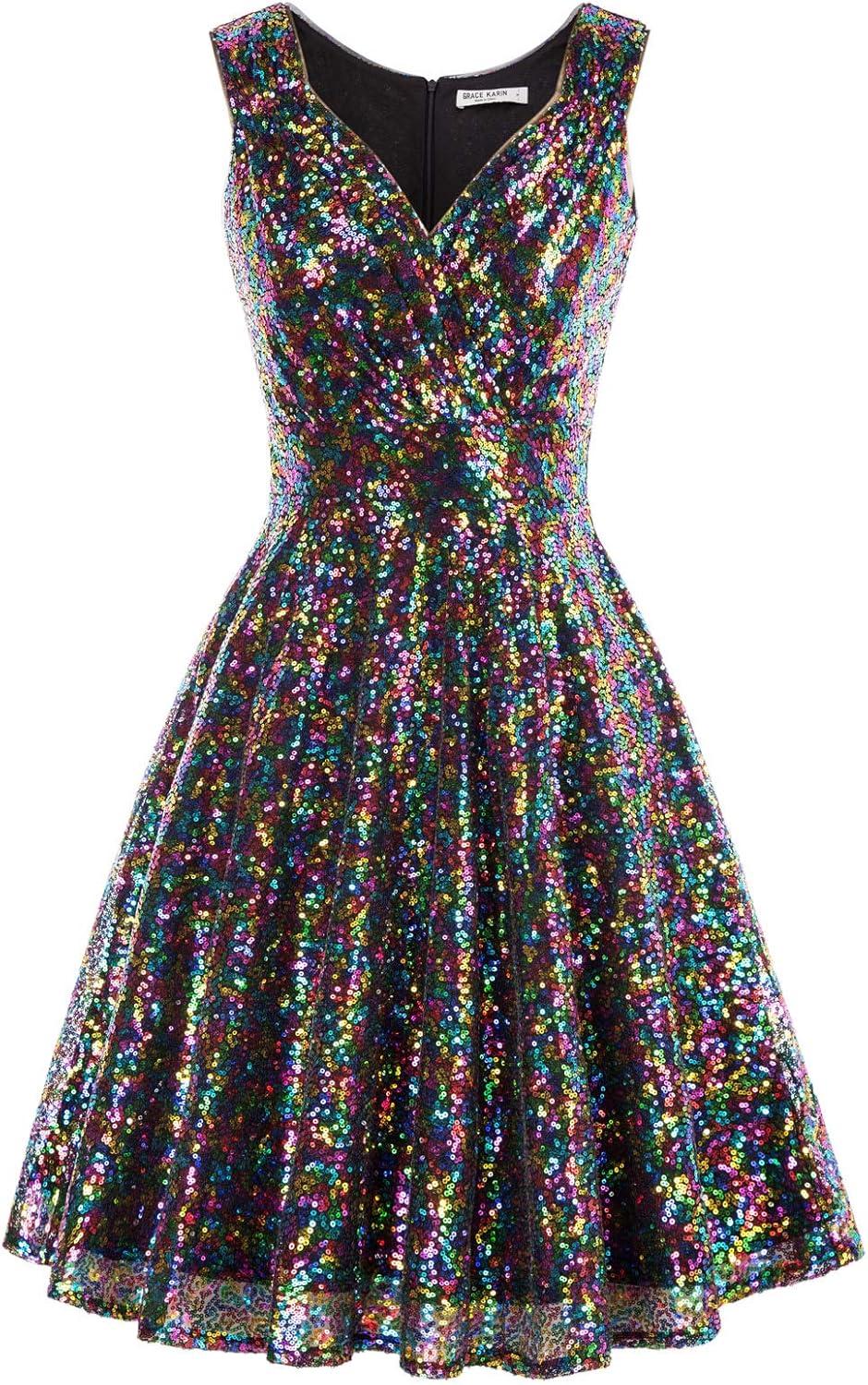 imageGRACE KARIN Womens Sleeveless Wrap VNeck Aline Bridesmaid Cocktail Party DressMulticolor2sequin