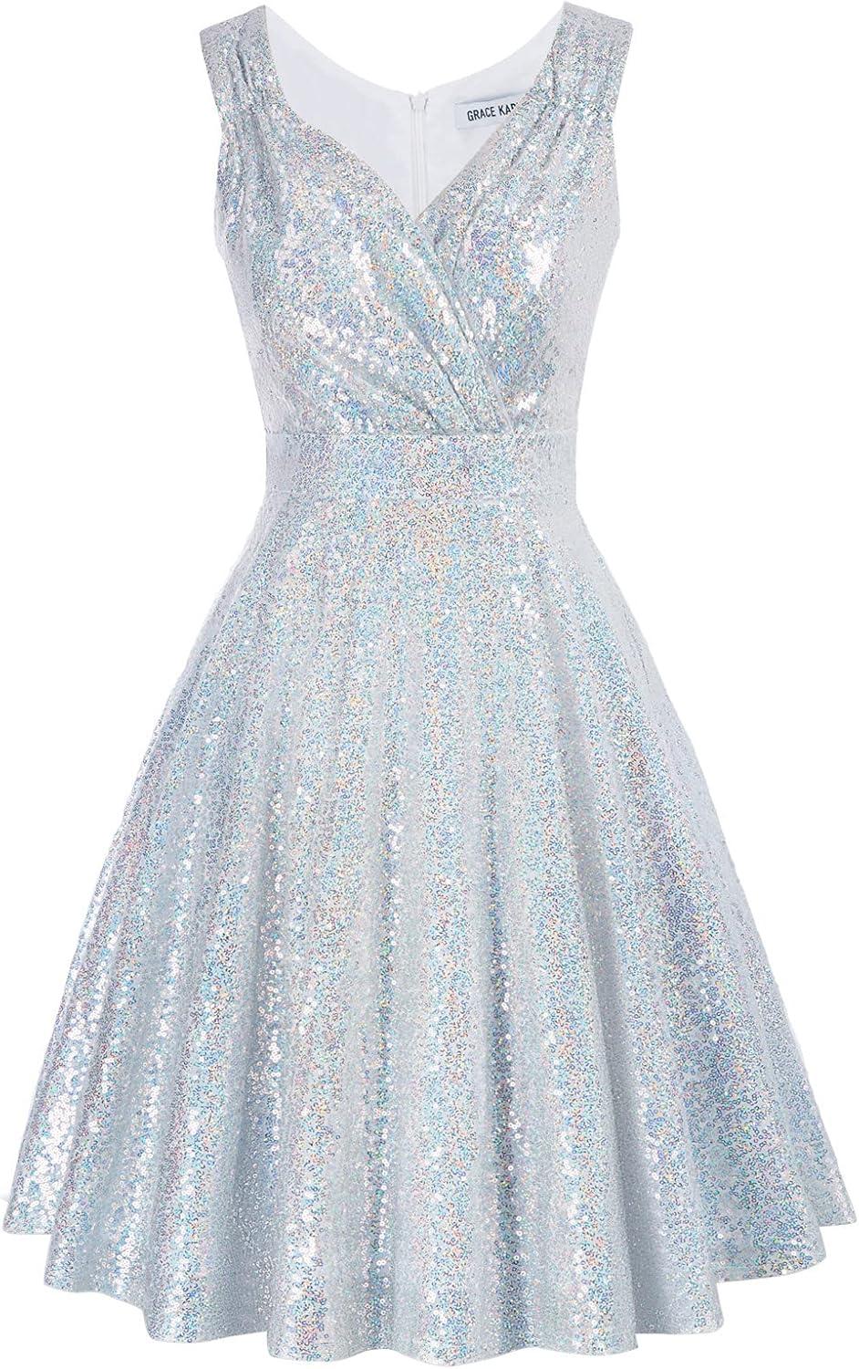 imageGRACE KARIN Womens Sleeveless Wrap VNeck Aline Bridesmaid Cocktail Party DressSlivermultisequin