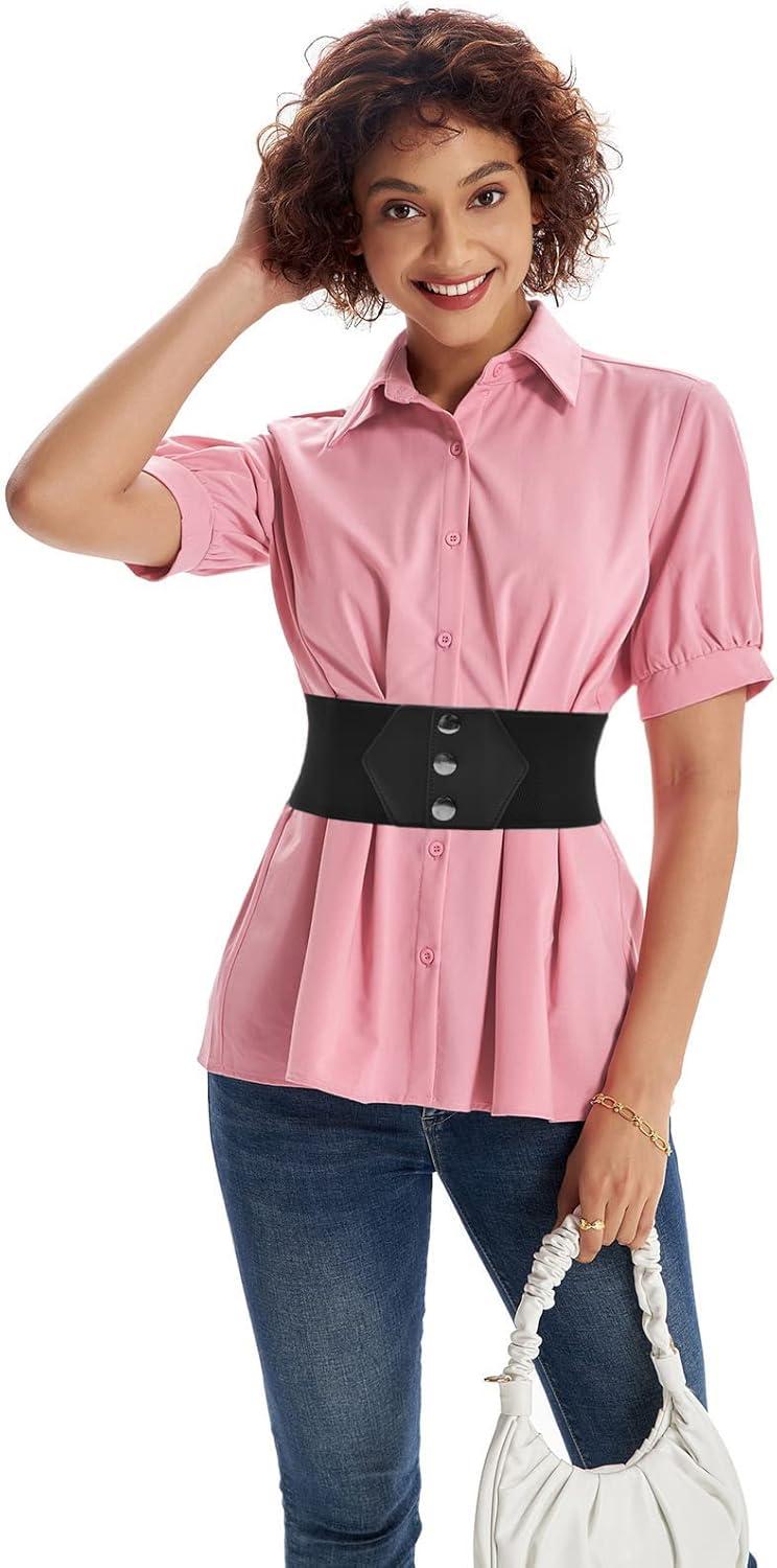 imageGRACE KARIN Womens SnapButton Corset Belt Wide Elastic Belts for Dress Stretchy WaistbandBlack