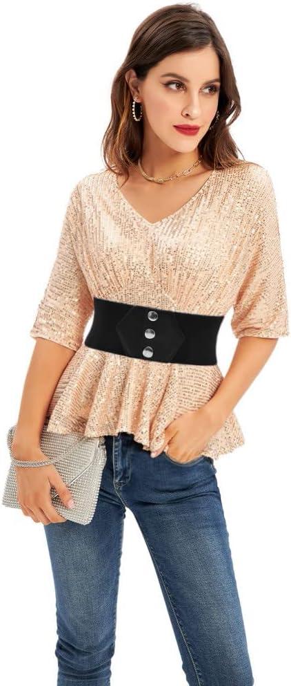 imageGRACE KARIN Womens SnapButton Corset Belt Wide Elastic Belts for Dress Stretchy WaistbandBlack