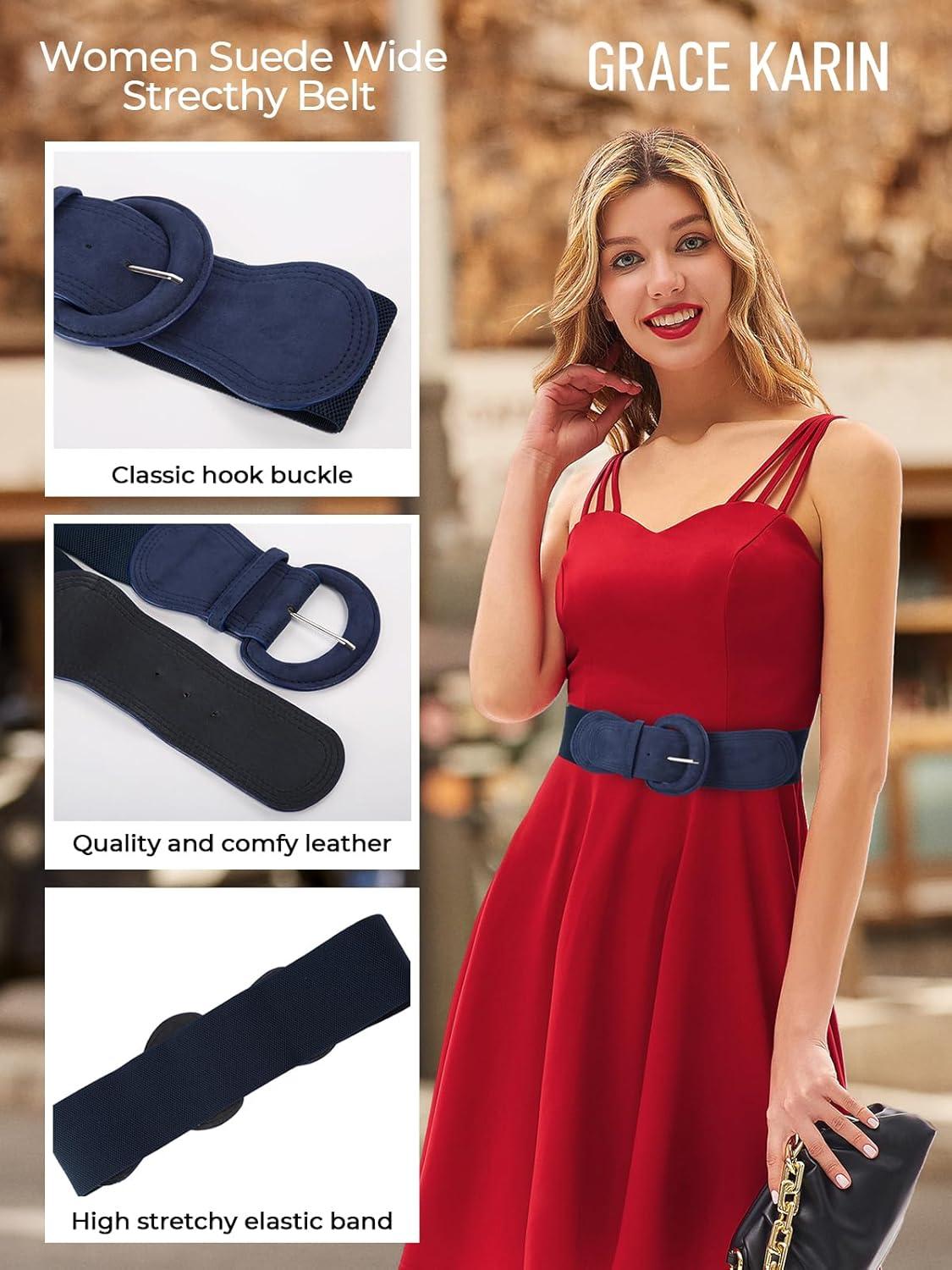 imageGRACE KARIN Womens Suede Elastic Belt Wide Stretchy Belt Vintage Chunky Buckle Belts SXXLSuedenavy Blue