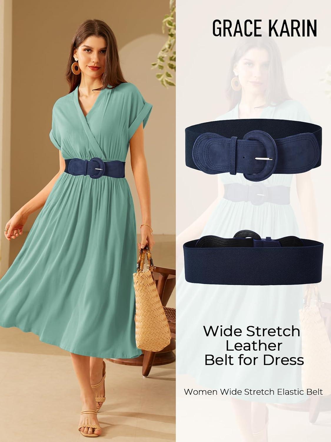 imageGRACE KARIN Womens Suede Elastic Belt Wide Stretchy Belt Vintage Chunky Buckle Belts SXXLSuedenavy Blue