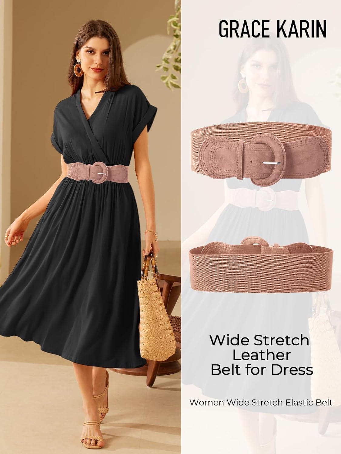 imageGRACE KARIN Womens Suede Elastic Belt Wide Stretchy Belt Vintage Chunky Buckle Belts SXXLSuedepink