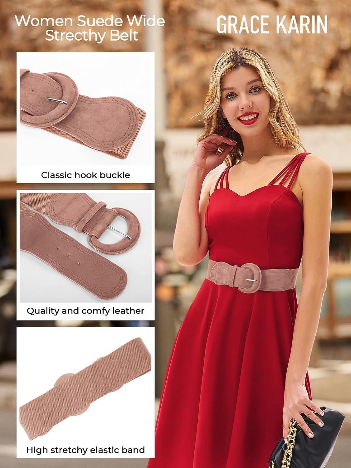 imageGRACE KARIN Womens Suede Elastic Belt Wide Stretchy Belt Vintage Chunky Buckle Belts SXXLSuedepink