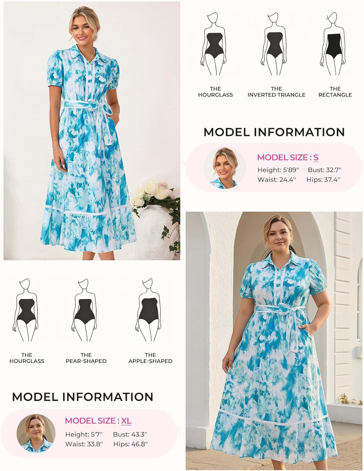 imageGRACE KARIN Womens Summer Floral Maxi Dress Puff Short Sleeve Shirt Dress Boho Casual Flowy Dresses with Tie Belt amp PocketsBlue Floral