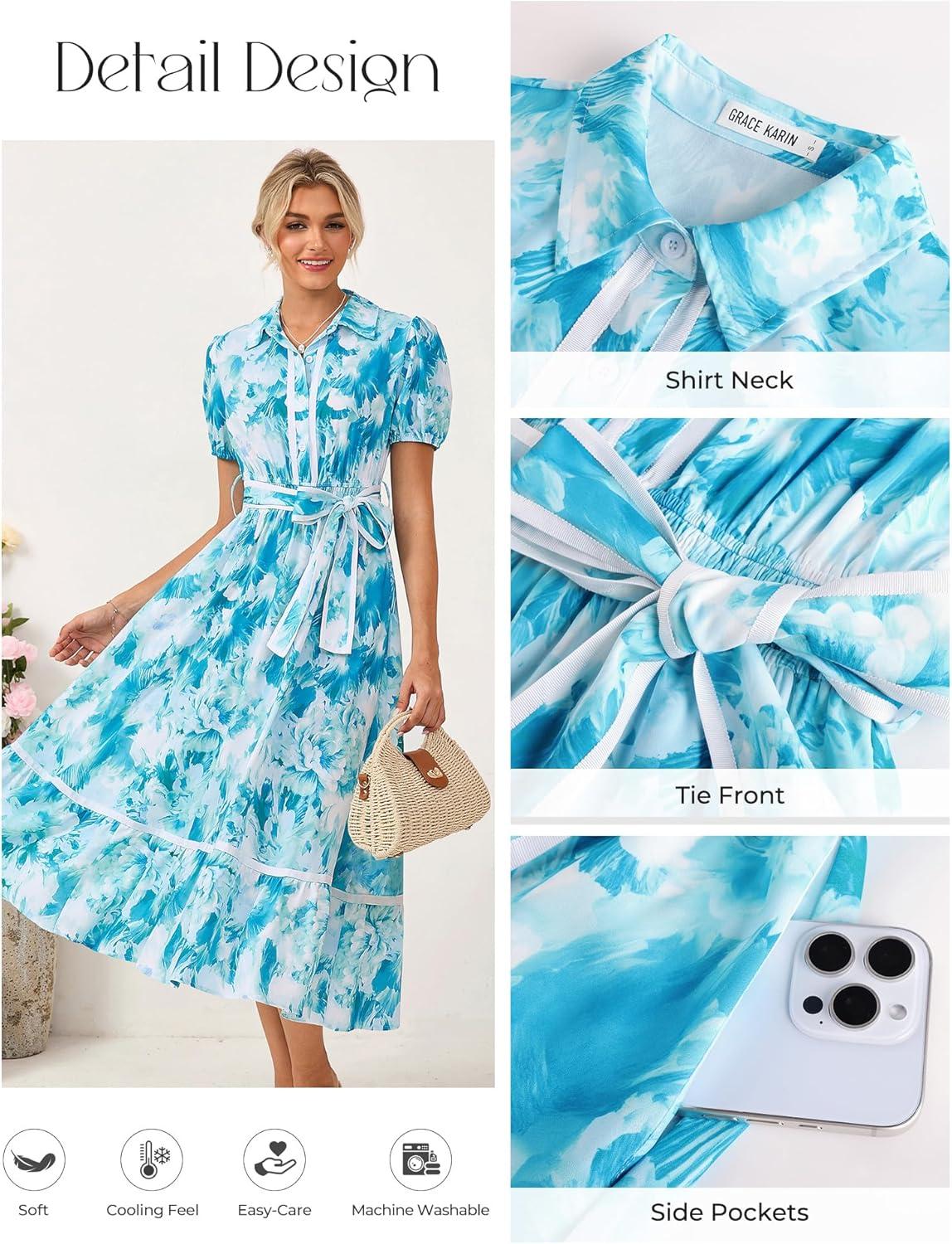 imageGRACE KARIN Womens Summer Floral Maxi Dress Puff Short Sleeve Shirt Dress Boho Casual Flowy Dresses with Tie Belt amp PocketsBlue Floral