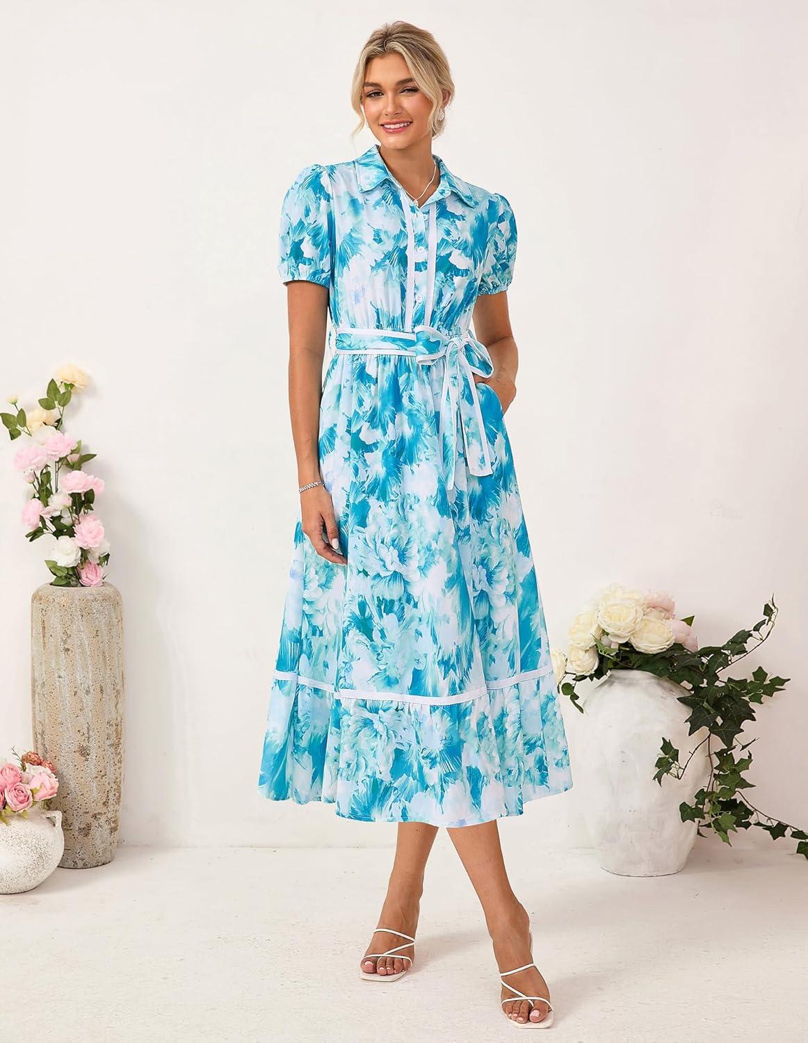 imageGRACE KARIN Womens Summer Floral Maxi Dress Puff Short Sleeve Shirt Dress Boho Casual Flowy Dresses with Tie Belt amp PocketsBlue Floral