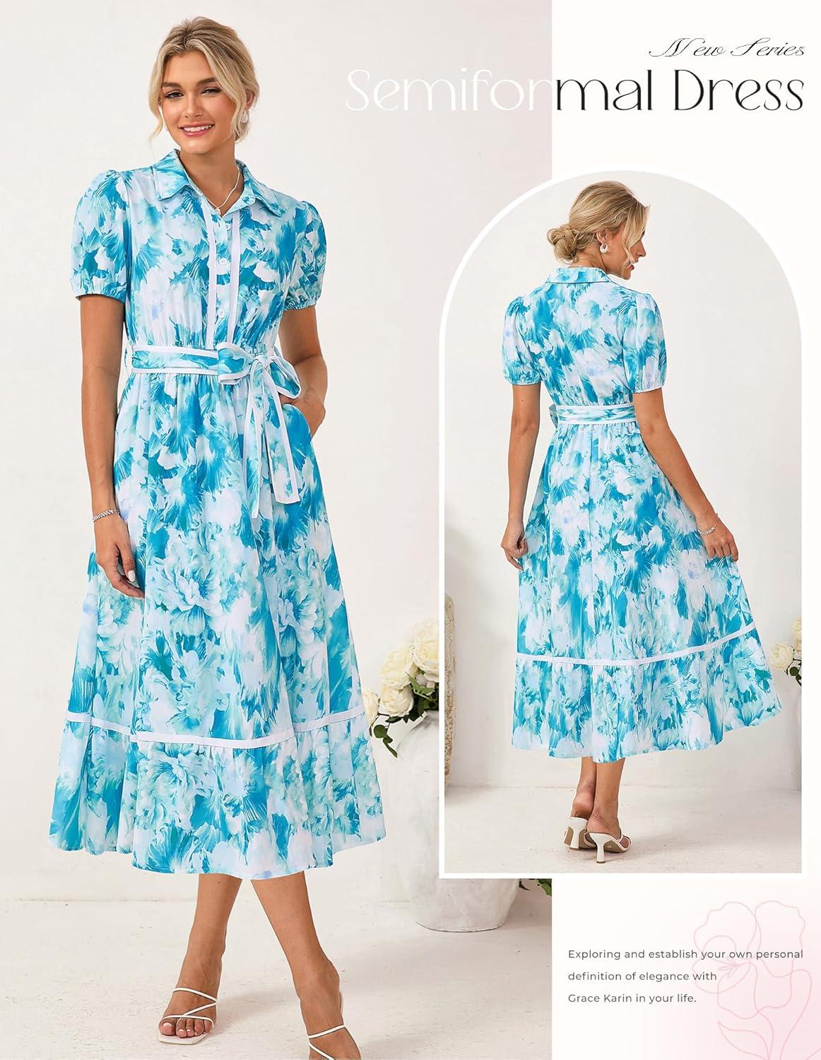 imageGRACE KARIN Womens Summer Floral Maxi Dress Puff Short Sleeve Shirt Dress Boho Casual Flowy Dresses with Tie Belt amp PocketsBlue Floral