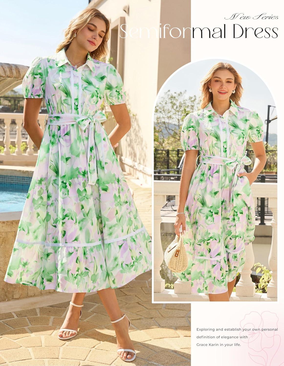 imageGRACE KARIN Womens Summer Floral Maxi Dress Puff Short Sleeve Shirt Dress Boho Casual Flowy Dresses with Tie Belt amp PocketsGreen Purple