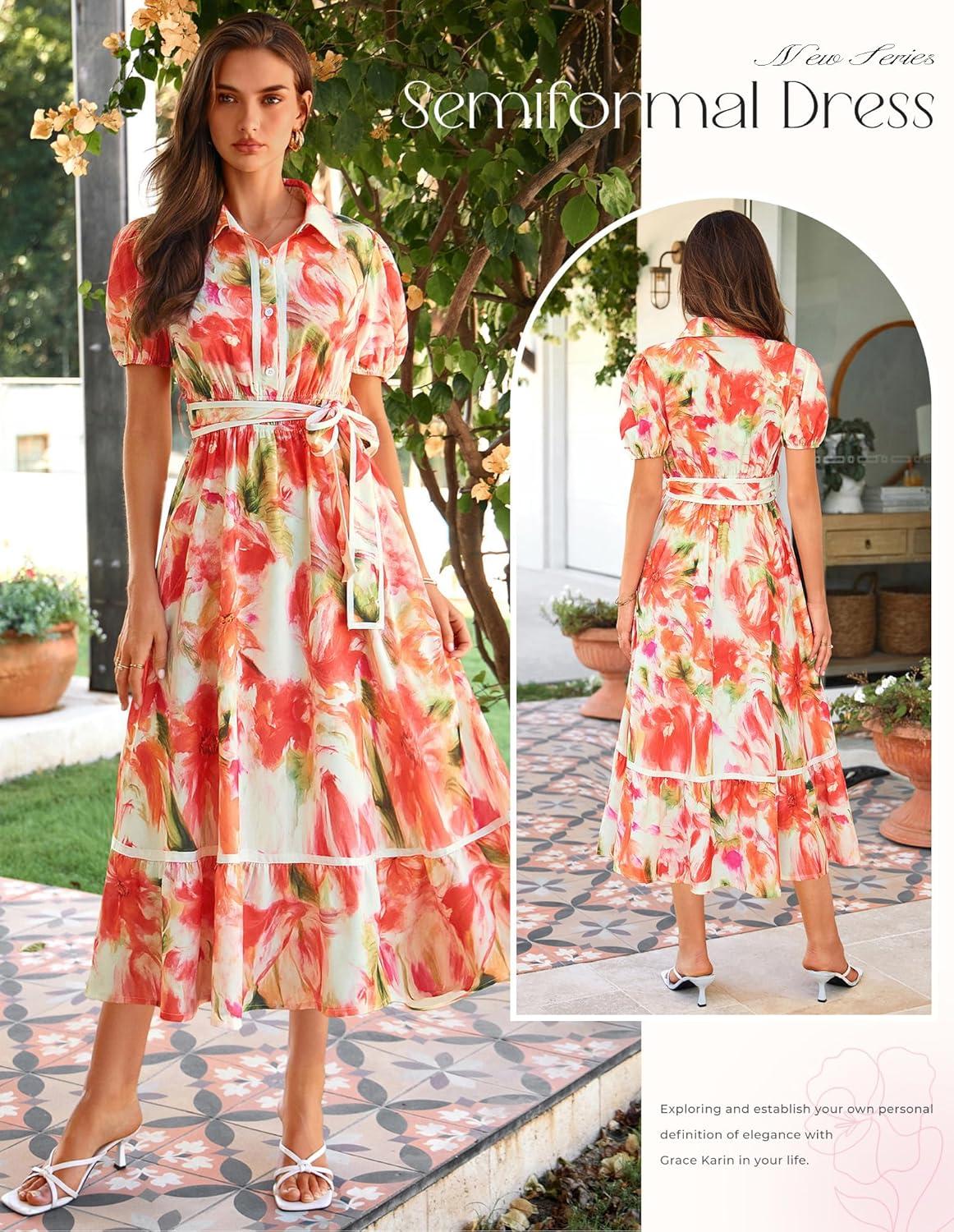 imageGRACE KARIN Womens Summer Floral Maxi Dress Puff Short Sleeve Shirt Dress Boho Casual Flowy Dresses with Tie Belt amp PocketsOrange Floral