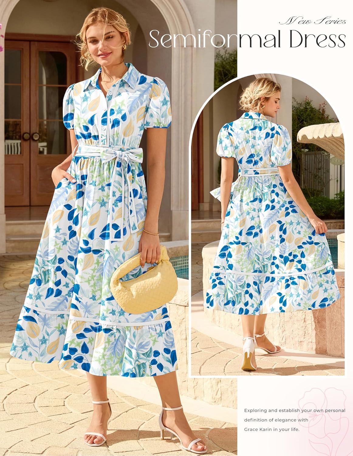 imageGRACE KARIN Womens Summer Floral Maxi Dress Puff Short Sleeve Shirt Dress Boho Casual Flowy Dresses with Tie Belt amp PocketsWhite Blue