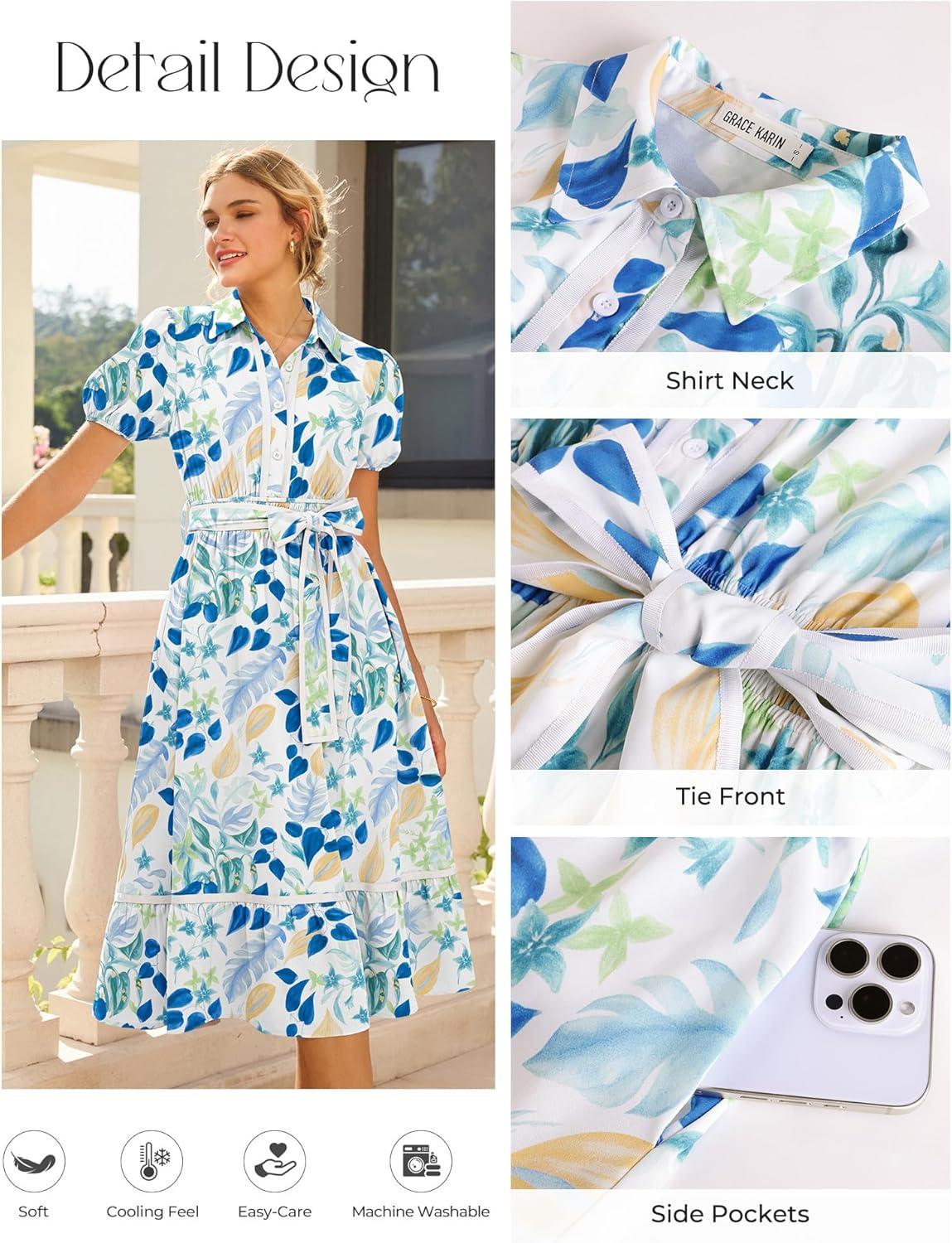 imageGRACE KARIN Womens Summer Floral Maxi Dress Puff Short Sleeve Shirt Dress Boho Casual Flowy Dresses with Tie Belt amp PocketsWhite Blue