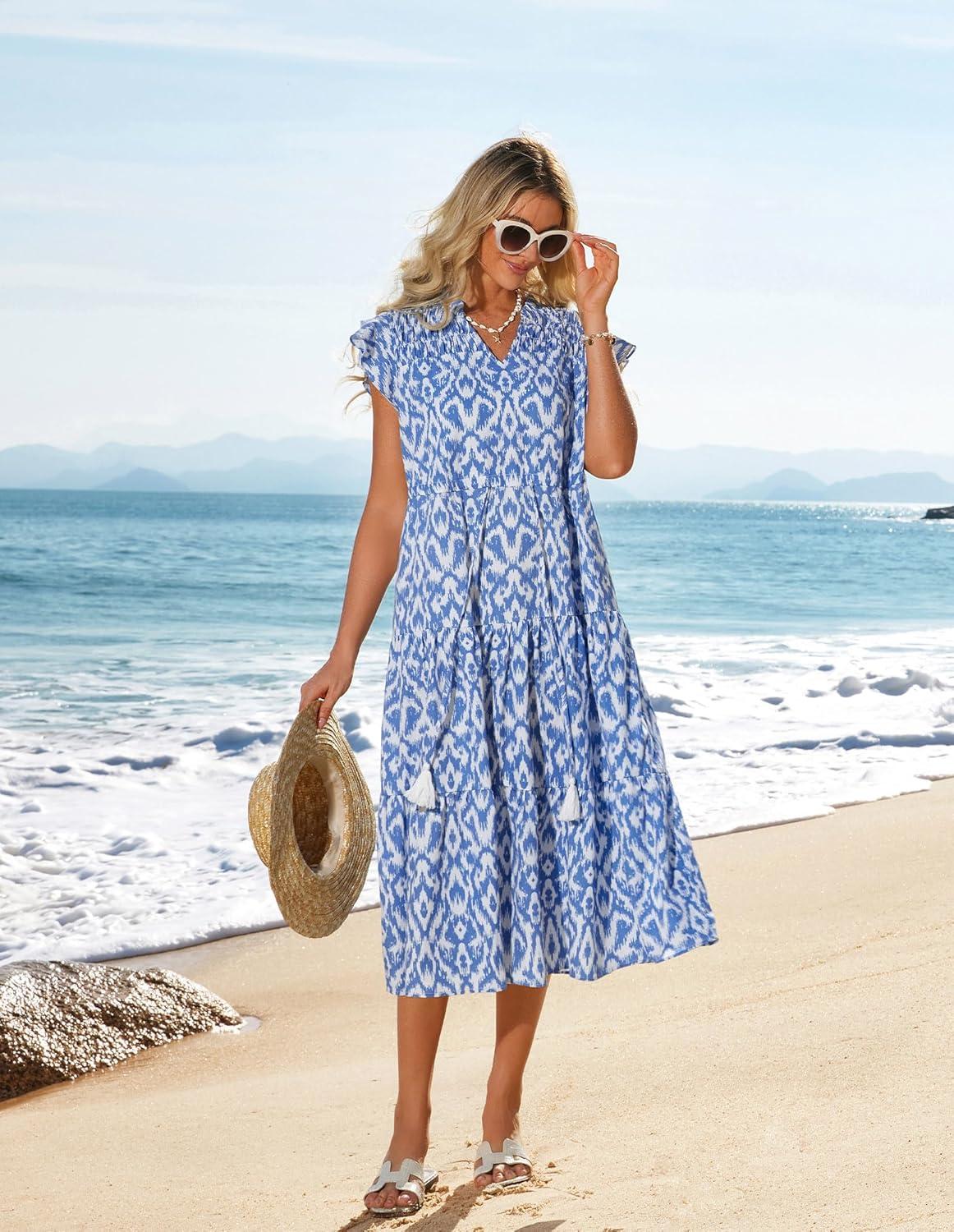 imageGRACE KARIN Womens Summer Floral Midi Dresses Short Sleeve Beach Wedding Guest Dress Drawstring Long Flowy Dress with PocketsBlue and White Floral