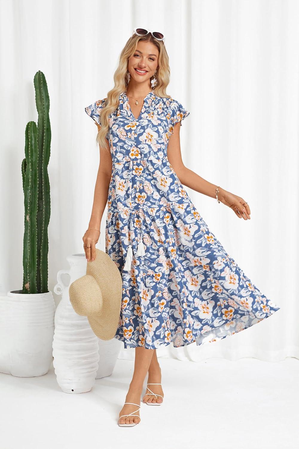 imageGRACE KARIN Womens Summer Floral Midi Dresses Short Sleeve Beach Wedding Guest Dress Drawstring Long Flowy Dress with PocketsBlue and White Flower