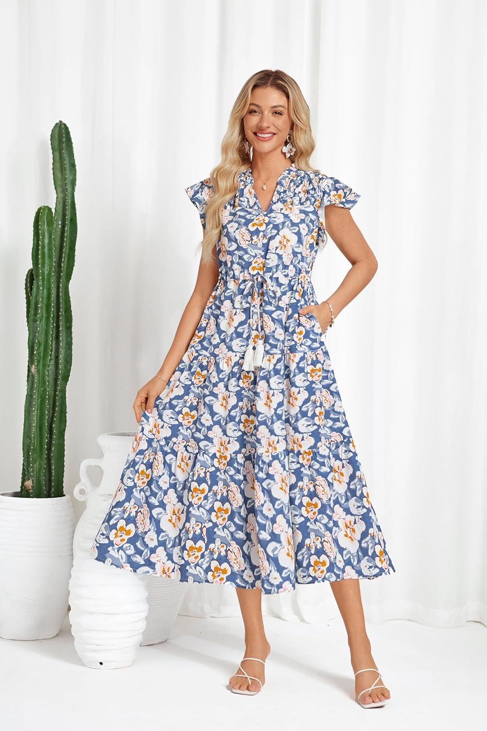 imageGRACE KARIN Womens Summer Floral Midi Dresses Short Sleeve Beach Wedding Guest Dress Drawstring Long Flowy Dress with PocketsBlue and White Flower