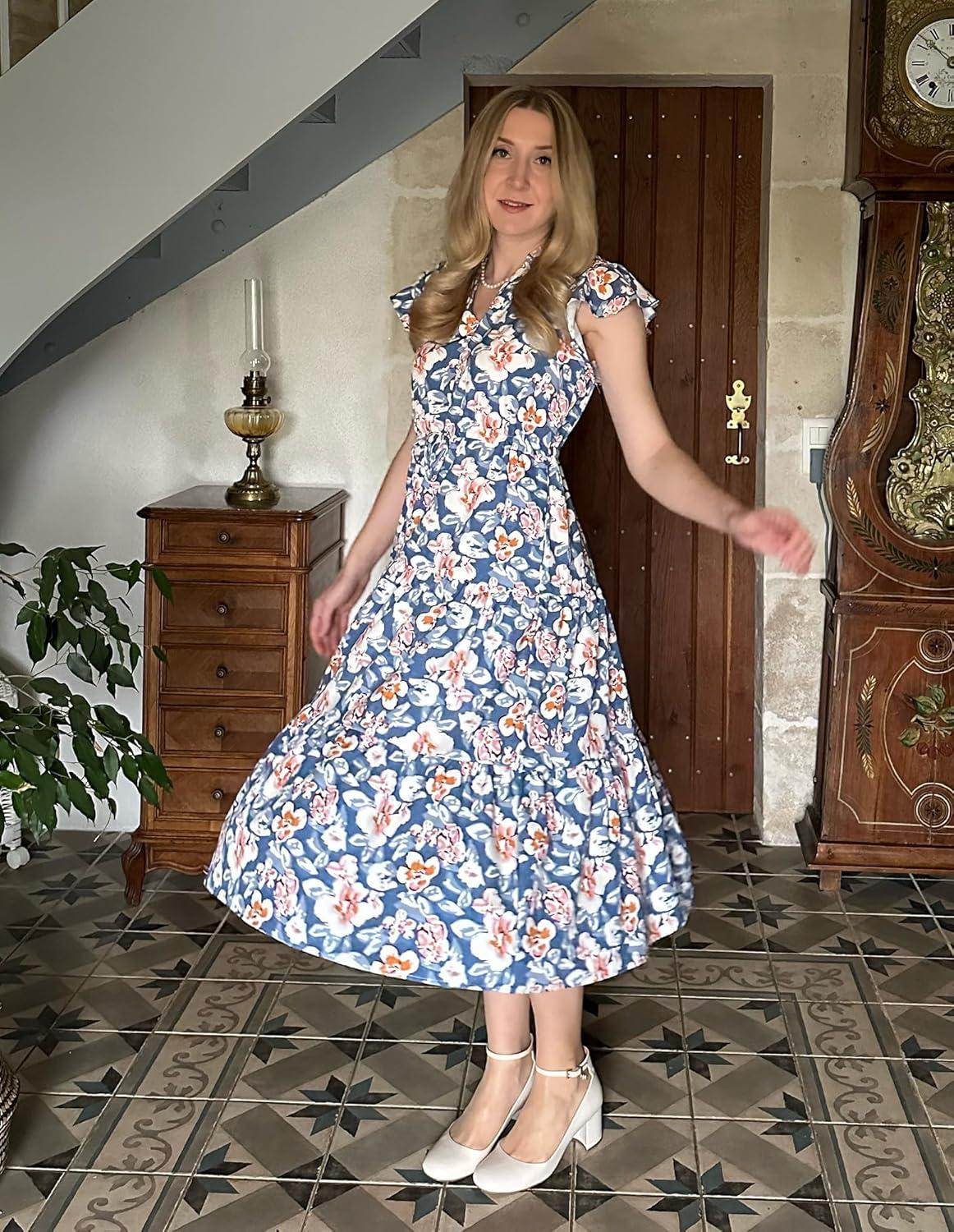 imageGRACE KARIN Womens Summer Floral Midi Dresses Short Sleeve Beach Wedding Guest Dress Drawstring Long Flowy Dress with PocketsBlue and White Flower