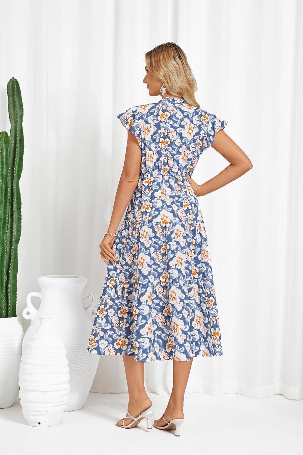 imageGRACE KARIN Womens Summer Floral Midi Dresses Short Sleeve Beach Wedding Guest Dress Drawstring Long Flowy Dress with PocketsBlue and White Flower
