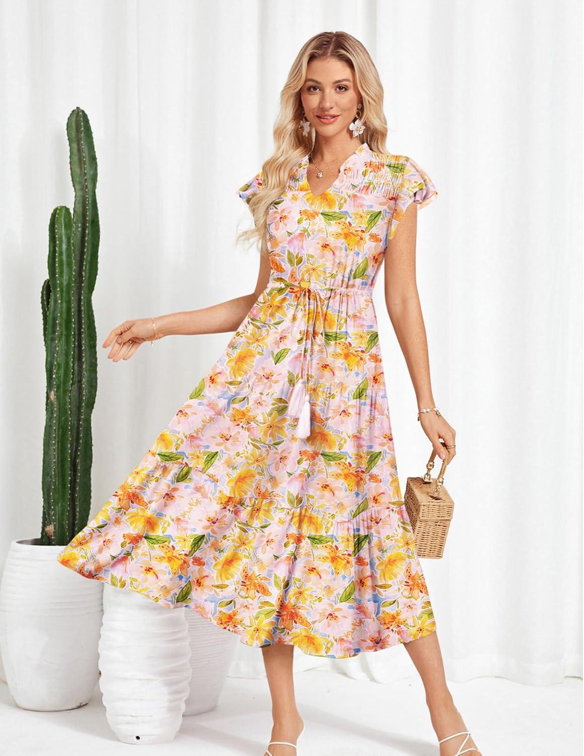 imageGRACE KARIN Womens Summer Floral Midi Dresses Short Sleeve Beach Wedding Guest Dress Drawstring Long Flowy Dress with PocketsBlue and Yellow Floral
