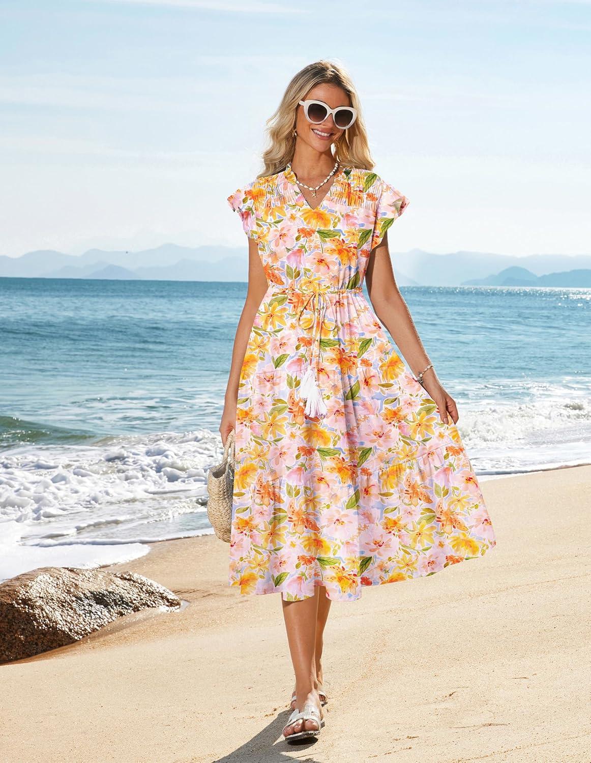 imageGRACE KARIN Womens Summer Floral Midi Dresses Short Sleeve Beach Wedding Guest Dress Drawstring Long Flowy Dress with PocketsBlue and Yellow Floral