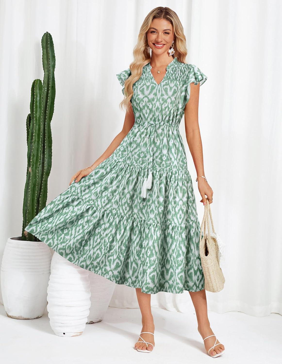 imageGRACE KARIN Womens Summer Floral Midi Dresses Short Sleeve Beach Wedding Guest Dress Drawstring Long Flowy Dress with PocketsLight Green and Whte Patern