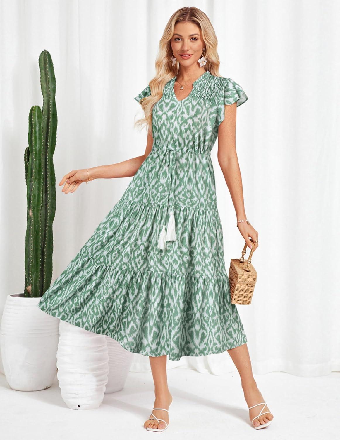 imageGRACE KARIN Womens Summer Floral Midi Dresses Short Sleeve Beach Wedding Guest Dress Drawstring Long Flowy Dress with PocketsLight Green and Whte Patern