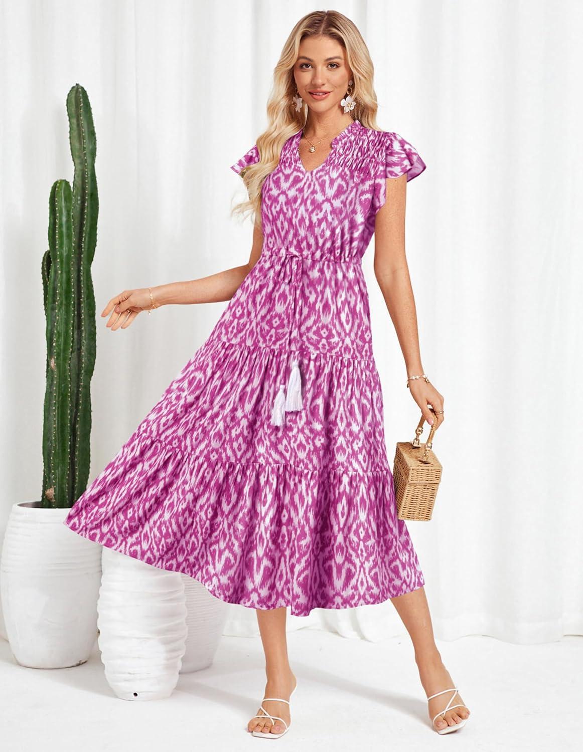 imageGRACE KARIN Womens Summer Floral Midi Dresses Short Sleeve Beach Wedding Guest Dress Drawstring Long Flowy Dress with PocketsMagenta Pink and White Patern