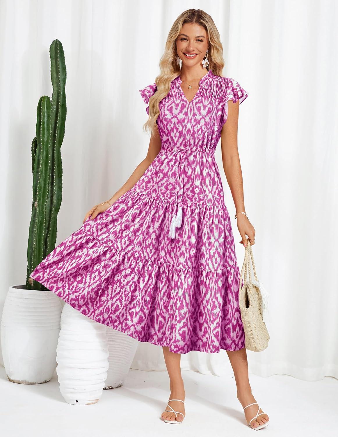 imageGRACE KARIN Womens Summer Floral Midi Dresses Short Sleeve Beach Wedding Guest Dress Drawstring Long Flowy Dress with PocketsMagenta Pink and White Patern