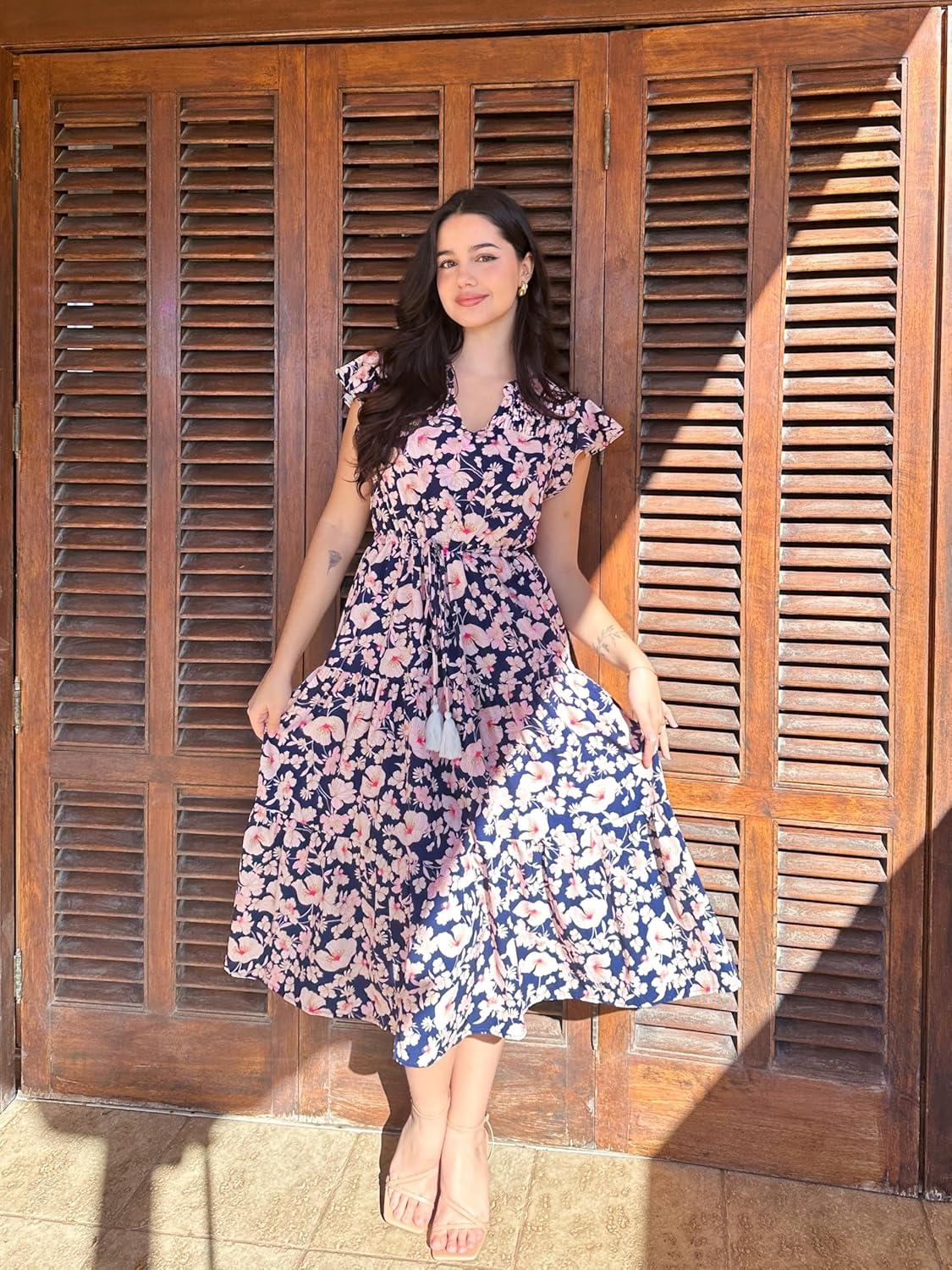 imageGRACE KARIN Womens Summer Floral Midi Dresses Short Sleeve Beach Wedding Guest Dress Drawstring Long Flowy Dress with PocketsNavy Blue Floral