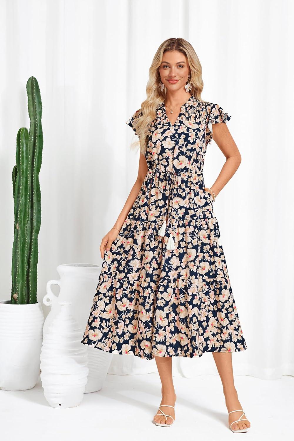 imageGRACE KARIN Womens Summer Floral Midi Dresses Short Sleeve Beach Wedding Guest Dress Drawstring Long Flowy Dress with PocketsNavy Blue Floral