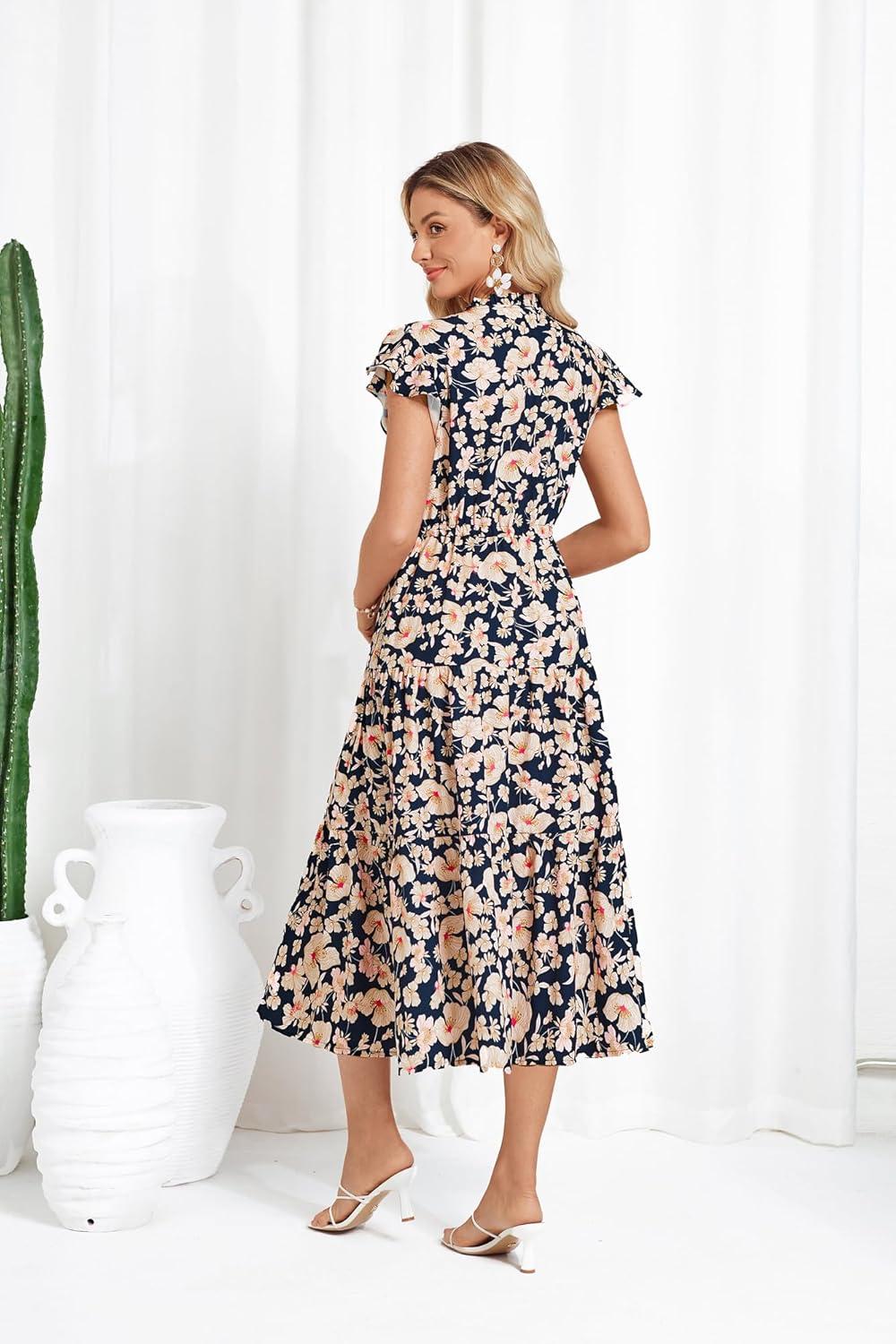 imageGRACE KARIN Womens Summer Floral Midi Dresses Short Sleeve Beach Wedding Guest Dress Drawstring Long Flowy Dress with PocketsNavy Blue Floral