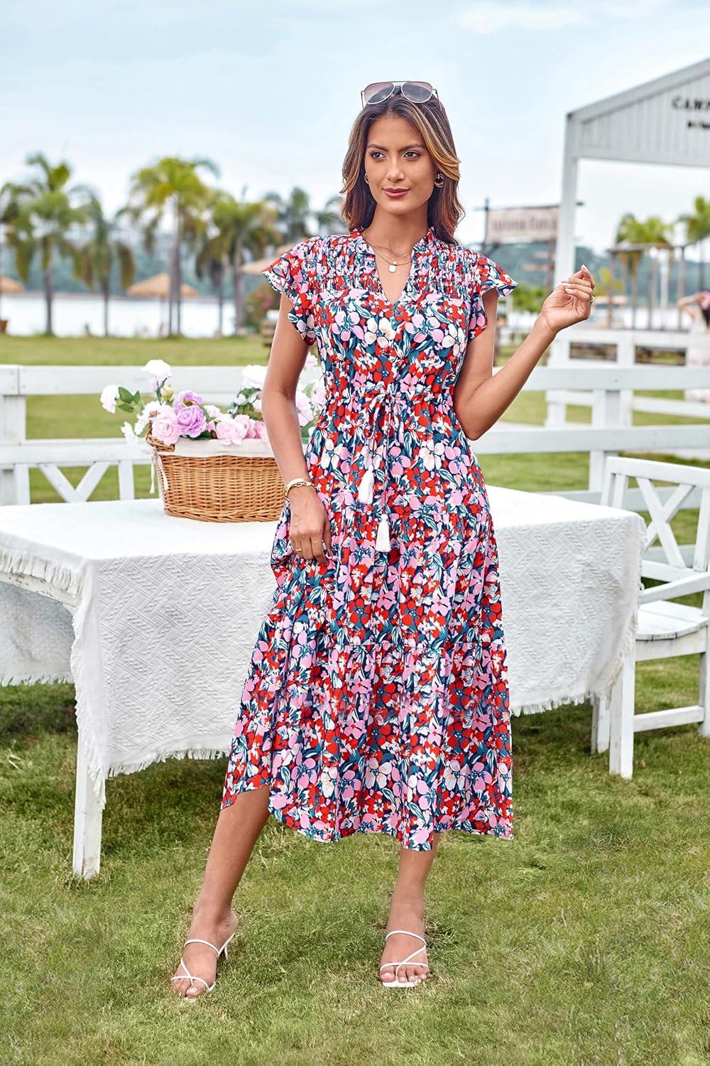 imageGRACE KARIN Womens Summer Floral Midi Dresses Short Sleeve Beach Wedding Guest Dress Drawstring Long Flowy Dress with PocketsNew Blue Red Floral