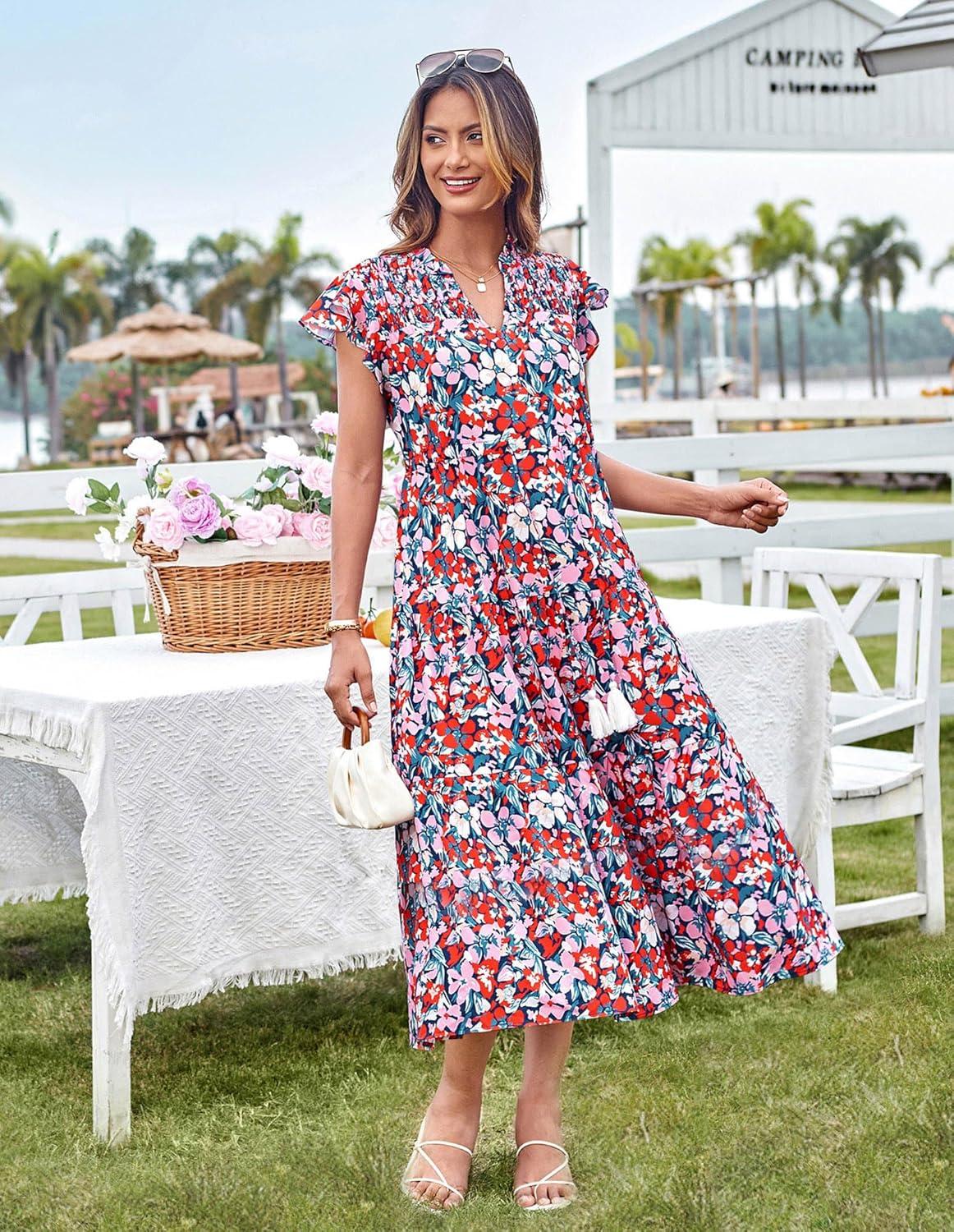 imageGRACE KARIN Womens Summer Floral Midi Dresses Short Sleeve Beach Wedding Guest Dress Drawstring Long Flowy Dress with PocketsNew Blue Red Floral