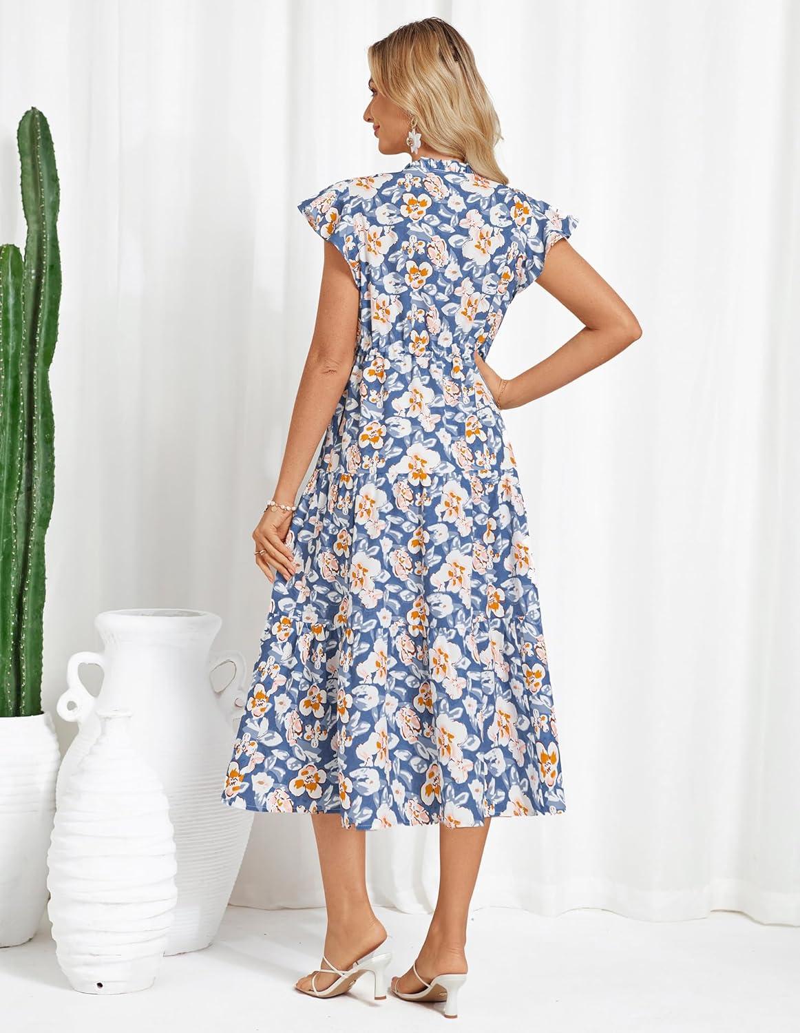 imageGRACE KARIN Womens Summer Floral Midi Dresses Short Sleeve Beach Wedding Guest Dress Drawstring Long Flowy Dress with PocketsNew Blue White Flower