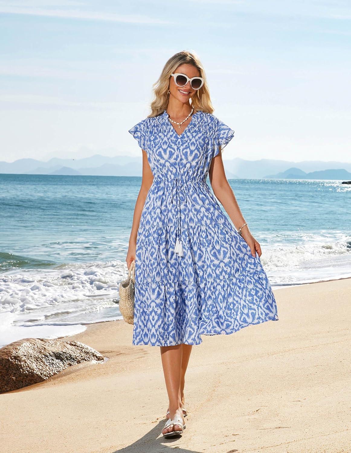 imageGRACE KARIN Womens Summer Floral Midi Dresses Short Sleeve Beach Wedding Guest Dress Drawstring Long Flowy Dress with PocketsNew Blue and White Floral