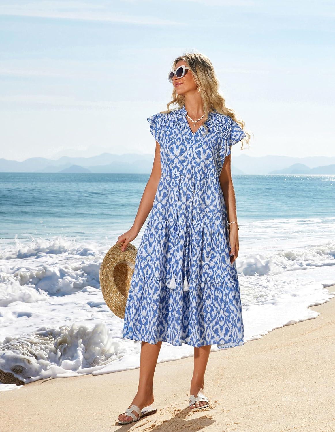 imageGRACE KARIN Womens Summer Floral Midi Dresses Short Sleeve Beach Wedding Guest Dress Drawstring Long Flowy Dress with PocketsNew Blue and White Floral