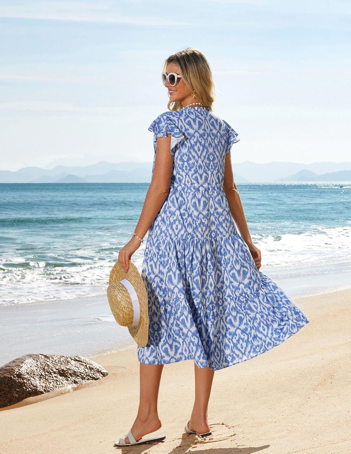 imageGRACE KARIN Womens Summer Floral Midi Dresses Short Sleeve Beach Wedding Guest Dress Drawstring Long Flowy Dress with PocketsNew Blue and White Floral